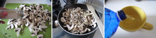 Tagliate i funghi a fette sottili e poi cospargetele con del sale. Lasciatele qualche minuto all’aria aperta per farle inumidire. Versate i funghi tagliati in una padella e mescolateli insieme alla cipolla e all’aglio. Cuocete a fuoco medio per circa dieci minuti, mescolando ogni tanto. Se necessario aggiungete altro olio. Intanto preparate una specie di roux. In una ciotola versate l’acqua.