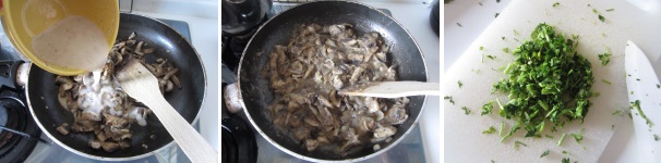 Se necessario aggiungete un po’ d’olio ai funghi. Rimescolate, abbassate il fuoco ed aggiungete il roux. Mescolate rapidamente per evitare la formazione di grumi. Se necessario aggiungete un po’ di acqua. Spegnete il fuoco e lasciate la salsa addensarsi. Lavate ed asciugate il prezzemolo. Tagliatelo molto finemente e aggiungetelo alla salsa.