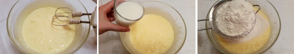 Utilizzate una frusta elettrica e iniziate a lavorare le uova e lo zucchero fino ad ottenere un composto spumoso e omogeneo. Aggiungete il latte, la farina setacciata con il lievito e un pizzico di sale.
 