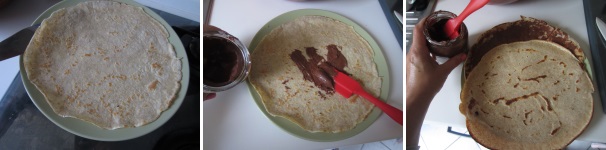 Disponete le crepes su un piatto grande e spalmante abbondantemente con la Nutella. Sovrapponete le crepes una sopra l’altra, fin quando raggiungerete l’altezza desiderata per la vostra torta. Coprite la torta con dell’altra Nutella e mettetela in frigo per circa mezz’ora.