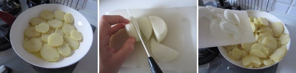 Mettete le patate a soffriggere da entrambi lati fin quando non diventeranno dorate. Sbucciate la cipolla ed affettatela finemente. Aggiungete la cipolla alle patate e soffriggete insieme fin quando la cipolla non diventerà morbida e leggermente croccante.