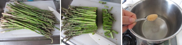 Lavate gli asparagi sotto l’acqua fredda corrente ed asciugateli per bene. Tagliate il gambo in basso, almeno tre- quattro centimetri, lasciando solamente la parte verde. In una pentola alta versate l’acqua ed aggiungete lo zucchero. Fatelo sciogliere a fuoco medio.