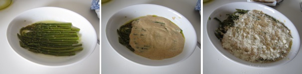 Ungete una pirofila di ceramica o di vetro con del burro oppure con dell’olio extravergine di oliva e disponete il primo strato di asparagi. Copritelo, lasciando scoperte le punta dei asparagi, con il composto di panna e pangrattato. Ripetete l’operazione e alla fine coprite tutto con il composto con il parmigiano. Infornate in forno preriscaldato a 180 °C per circa dieci-quindici minuti.