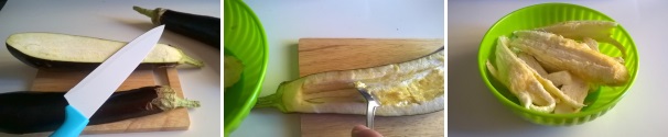 Iniziate dividendo le melanzane a metà nel senso della lunghezza. Non eliminate la calotta superiore altrimenti le barchette si apriranno in cottura e non manterranno il ripieno. Eliminate parte della polpa interna con uno scavino o un cucchiaino e raccoglietela in una scodella.