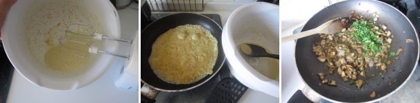 Lavorate l’impasto con le fruste elettriche per qualche minuto, fino ad ottenere un composto assai liquido, leggermente schiumoso e liscio. Riscaldate qualche goccia di olio in una padella. Usando un cucchiaio da zuppa, versate una dose di pastella nella padella, muovendola in modo circolare per distribuire l’impasto uniformemente. Friggete le crespelle circa un minuto da ogni lato. Quando i funghi sono già pronti, lavate, asciugate e tagliate finemente il prezzemolo ed aggiungetelo ai funghi. Mescolate.