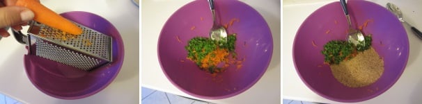 Lavate bene la carota, asciugatela e sbucciatela. Lavate il prezzemolo, tagliate via i gambi ed asciugate le foglie. Tagliatelo finemente ed aggiungetelo alle carote. Mettete il tutto in una ciotola capiente ed aggiungete quattro cucchiai di pangrattato.