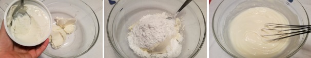 Iniziate la seconda fase, ovvero la preparazione della farcitura. Mettete in una terrina la ricotta ed il mascarpone, unite lo zucchero a velo e miscelate gli ingredienti in modo che siano bene amalgamati tra loro.