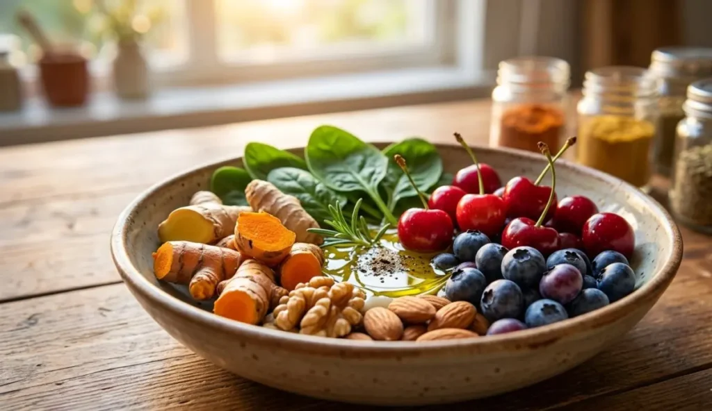 Superfood naturali contro l'infiammazione e il dolore Una ciotola di cibi antinfiammatori naturali con zenzero, curcuma, mirtilli, noci e olio EVO, ideali per una dieta che riduce il dolore.