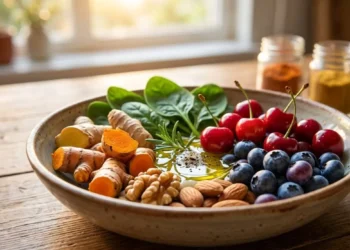 Una ciotola di cibi antinfiammatori naturali con zenzero, curcuma, mirtilli, noci e olio EVO, ideali per una dieta che riduce il dolore.