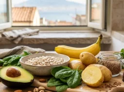 Infografica cibi ricchi di potassio: avocado, fagioli, spinaci e patate su tavolo rustico con vista Napoli