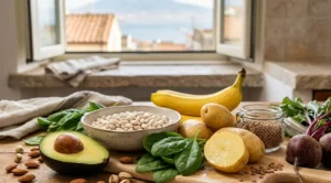 cibi-ricchi-di-potassio-energia-naturale Infografica cibi ricchi di potassio: avocado, fagioli, spinaci e patate su tavolo rustico con vista Napoli