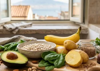 Infografica cibi ricchi di potassio: avocado, fagioli, spinaci e patate su tavolo rustico con vista Napoli