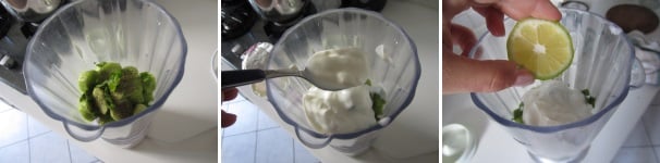 Mettete il cetriolo tagliato a pezzi nel frullatore. Aggiungete quattro cucchiai di yogurt intero. Lavate il limone, tagliatelo a metà e spremete il succo di una sola metà sopra i cetrioli con lo yogurt.