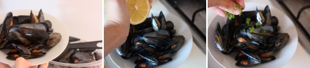 Togliete il coperchio e trasferite le cozze ben calde in un piatto. Prima di servire spolverate con del prezzemolo fresco e del succo di limone.
 