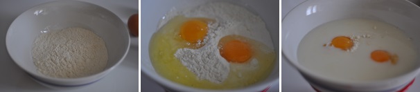 Pesate la farina e setacciatela in un contenitore ampio. Unite le uova e il latte.