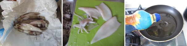 Pulite i calamari. Sciacquateli sotto l’acqua fredda. Passando con la lama di un coltello, togliete la pellicina. Staccate la testa e tagliate i tentacoli. Tirate fuori la cartilagine e le interiora. Sciacquate la sacca dentro e fuori. In una pentola alta versate l’olio di semi e fatelo riscaldare a fiamma alta.