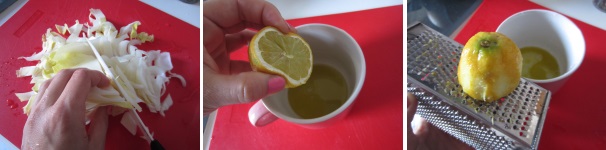 Lavate il cavolo pechinese e togliete le prime foglie. Tagliate via il gambo e tagliate il cavolo finemente. Mettetelo in una ciotola molto capiente. Lavate i limone e tagliatelo a metà. In una tazza unite l’olio e il succo di mezzo limone. Grattugiate la buccia di mezzo limone ed aggiungetela all’olio.