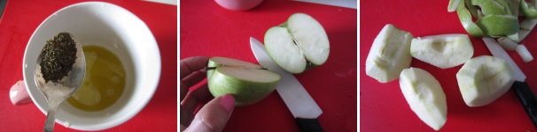 Versate la menta nella tazza e mescolate la salsina accuratamente. Lavate la mela e sbucciatela, quindi tagliatela a metà, togliete il torsolo ed i semi e tagliatela a spicchi.