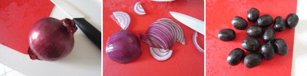 Sbucciate la cipolla, tagliate via le estremità e affettatela non troppo finemente. Preparate le olive, snocciolatatele oppure usate quelle già prive di nocciolo.
 