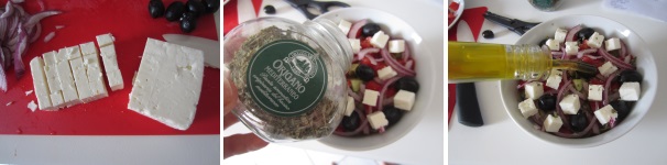 Togliete via la feta dalla confezione e scolatela bene. Tagliatela a cubetti oppure sbriciolatela con le dita. Sopra l’insalata iceberg disponete i cubetti di cetriolo e i cubetti di pomodoro. Disponete le olive uniformemente e cospargete con la cipolla rossa. Alla fine aggiungete la feta. Cospargete l’insalata con l’origano essiccato e condite con olio extravergine di oliva di alta qualità. Mette l’insalata per mezz’ora in frigorifero in modo da farla insaporire bene.