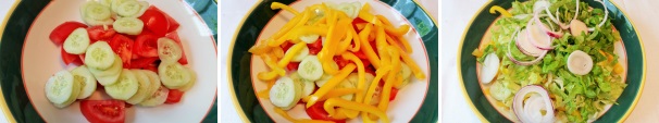 Dopo aver terminato di preparare le verdure, iniziate a comporre la vostra insalata. In una terrina oppure in un ampio piatto da portata ponete i pomodori e i cetrioli tagliati a rondelle, proseguite con i peperoni, la lattuga e i cipollotti.