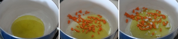 In una pentola fate riscaldare l’olio extravergine d’oliva, quindi aggiungete la carota tagliata in pezzi piccoli e la cipolla tritata.