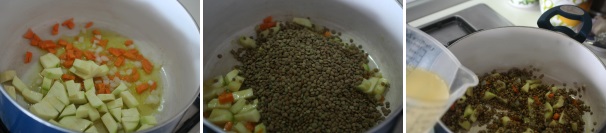 Aggiungete la zucchina tagliata a tocchetti e fate rosolare il tutto per 5 minuti. Unite le lenticchie e successivamente il brodo vegetale.