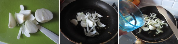 Pulite e sbucciate le cipolle. Tagliatele a metà e poi a spicchi. Versate abbondante olio in una padella, aggiungete la cipolla e soffriggete sul fuoco medio. Aggiungete pochissima acqua per ammorbidire la cipolla. Continuate a rosolarla a fuoco medio. Pulite e sbucciate le cipolle. Tagliatele a metà e poi a spicchi. Versate abbondante olio in una padella, aggiungete la cipolla e soffriggete sul fuoco medio. Aggiungete pochissima acqua per ammorbidire la cipolla. Continuate a rosolarla a fuoco medio.