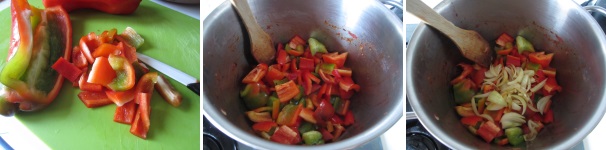 Lavate ed asciugate i peperoni. Tagliateli a metà ed eliminate i semi, la parte bianca interna, quindi tagliateli e sbollentateli. Usate una pentola oppure una casseruola capiente per dare lo spazio alla verdura. Versate un po’ di olio, riscaldatelo e aggiungete i peperoni, quindi rosolate per qualche istante ed unite la cipolla soffritta. Rimescolate. Lavate ed asciugate i peperoni. Tagliateli a metà ed eliminate i semi, la parte bianca interna, quindi tagliateli e sbollentateli. Usate una pentola oppure una casseruola capiente per dare lo spazio alla verdura. Versate un po’ di olio, riscaldatelo e aggiungete i peperoni, quindi rosolate per qualche istante ed unite la cipolla soffritta. Rimescolate.