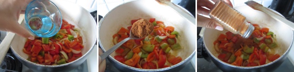 Nel caso in cui i peperoni dovessero iniziare ad attaccarsi alla pentola, aggiungete un cucchiaino di acqua. Aggiungete due cucchiaini di paprica in polvere e il peperoncino piccante. Rimescolate. Nel caso in cui i peperoni dovessero iniziare ad attaccarsi alla pentola, aggiungete un cucchiaino di acqua. Aggiungete due cucchiaini di paprica in polvere e il peperoncino piccante. Rimescolate.