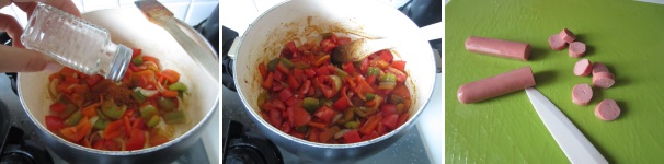 Aggiustate di sale. Sbollentate i pomodori e togliete la buccia. Tagliate via il torsolo e tagliateli a cubetti grandi, quindi aggiungeteli al resto. Tagliate i wurstel a fettine, aggiungeteli al letcho e saltate tutto a fuoco alto per due minuti. Coprite con il coperchio e abbassate il fuoco. Cuocete a fuoco basso per circa trenta minuti, facendo attenzione che non bruci. Aggiustate di sale. Sbollentate i pomodori e togliete la buccia. Tagliate via il torsolo e tagliateli a cubetti grandi, quindi aggiungeteli al resto. Tagliate i wurstel a fettine, aggiungeteli al letcho e saltate tutto a fuoco alto per due minuti. Coprite con il coperchio e abbassate il fuoco. Cuocete a fuoco basso per circa trenta minuti, facendo attenzione che non bruci.