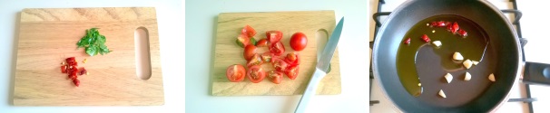 Tritate l’aglio, il prezzemolo e il peperoncino piccante. Lavate e asciugate i pomodorini, quindi divideteli in 4 spicchi. Fate rosolare l’aglio e il peperoncino insieme all’olio in una padella abbastanza capiente. Tritate l’aglio, il prezzemolo e il peperoncino piccante. Lavate e asciugate i pomodorini, quindi divideteli in 4 spicchi. Fate rosolare l’aglio e il peperoncino insieme all’olio in una padella abbastanza capiente.
