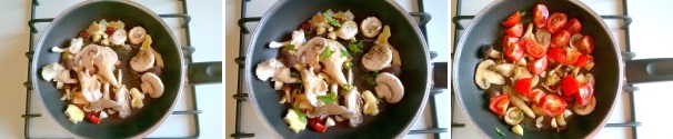 Quando l’aglio comincia ad imbiondire, aggiungete i funghi e il prezzemolo tritato. Fateli rosolare per qualche minuto, quindi aggiungete i pomodorini e mescolate. Sfumate con il vino bianco e fate evaporare l’alcool. Abbassate la fiamma, coprite e cuocete per 15- 20 minuti. Quando l’aglio comincia ad imbiondire, aggiungete i funghi e il prezzemolo tritato. Fateli rosolare per qualche minuto, quindi aggiungete i pomodorini e mescolate. Sfumate con il vino bianco e fate evaporare l’alcool. Abbassate la fiamma, coprite e cuocete per 15- 20 minuti.