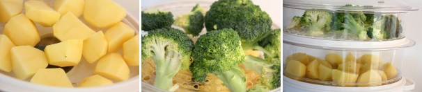 Cominciate col cuocere al vapore le patate e i broccoli. Per avere lo stesso tempo di cottura inserite le patate, più dure, nel ripiano più basso, mentre i broccoli sopra di esse. Mettete il coperchio e fate cucinare per circa 20 minuti.