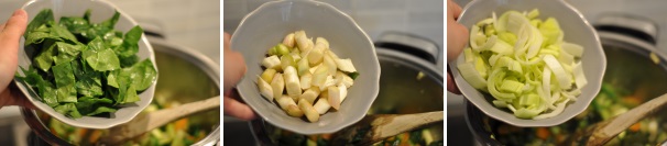 E’ la volta delle foglie di spinaci, degli asparagi e del porro. Mescolate bene e regolate di sale e pepe.