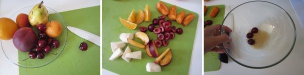 Lavate bene la frutta. Io ho usato pere, pesche, albicocche, arance e ciliegie. Togliete i torsoli, i semi, snocciolate le ciliege, sbucciate l’arancia. Tagliate le ciliege a metà, le pere a cubetti grandi e l’altra frutta a pezzi grossolani. Fate asciugare bene la frutta all’aria. In fondo ad una ciotola disponete un po’ di zucchero, dopra disponete una parte della frutta mista.