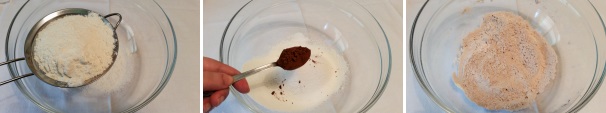 In una terrina dai bordi alti, setacciate la farina, unite il lievito e il cacao amaro. Mescolate tutti gli ingredienti secchi.