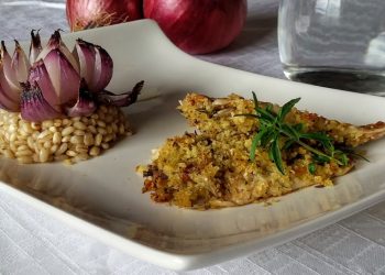 orzo freddo con fiore di cipolla e triglia croccante orzo freddo con fiore di cipolla e triglia croccante