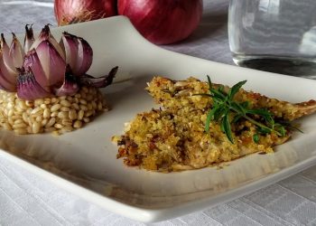 orzo freddo con fiore di cipolla e triglia croccante