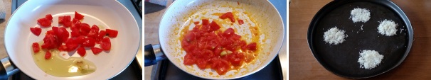 Non appena l’olio inizierà a sfrigolare e l’aglio inizierà a rilasciare i suoi aromi, versate in padella i pomodori a dadini e salateli leggermente, quindi lasciateli cuocere a fiamma viva saltandoli per non farli seccare troppo o bruciare. Ungete una teglia antiaderente e versatevi sopra il parmigiano grattugiato formando dei cerchietti. Passate la teglia in forno a cui avrete abbassato la temperatura a circa 180 °C. Lasciate la teglia in forno per circa 4 minuti, facendo attenzione che il formaggio non bruci.