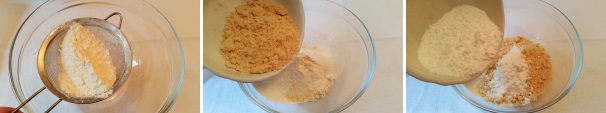 In una ciotola dai bordi alti setacciate la farina, unite la farina di mandorle e aggiungete lo zucchero a velo. Miscelate dunque tutti gli ingredienti secchi.