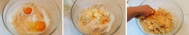 Unite un uovo intero e il tuorlo alla farina, successivamente il burro freddo tagliato a pezzetti e iniziate a lavorare l’impasto con le mani, formando un composto di briciole inizialmente.