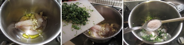 Sbucciate l’aglio, tagliatelo finemente e soffriggetelo leggermente in una padella con poco olio. L’aglio non deve dorarsi ma solo sprigionare il profumo ed il sapore. Lavate il prezzemolo, asciugatelo e tagliatelo grossolanamente. In una pentola unite l’aglio soffritto, il baccalà, un po’ di olio e il prezzemolo. Cospargete tutto con del sale e mescolate.