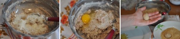 Ora aggiungete il tonno e il formaggio, poi l’uovo. Mescolate tutti gli ingredienti insieme e, unite due manciate di pangrattato che vi aiuterà a formare le polpettine. Con le mani create delle palline e mettetele nel pangrattato. Nel frattempo mettete l’olio per friggere a scaldare in modo che arrivi bene a temperatura.