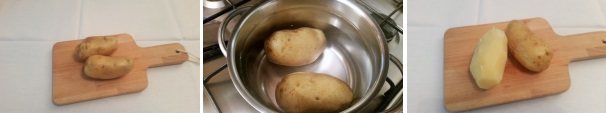 Iniziate prendendo le patate, lavatele accuratamente e mettete sul fuoco una pentola capiente piena d’acqua, salatela e unite le patate. Una volta raggiunto il bollore, fatele cuocere per almeno 20 minuti. Scolatele, fatele raffreddare ed eliminate la buccia.