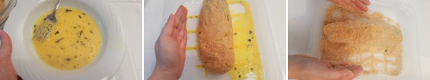 In un piatto a parte sbattete l’uovo rimasto con del sale, il prezzemolo e il pepe. Versatelo in una teglia e con delicatezza passate il polpettone nell’uovo sbattuto. In un altro recipiente, versate il pangrattato rimasto e passate il polpettone su di esso in modo che tutte la superficie sia completamente ricoperta.