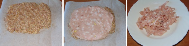 Stendete l’impasto su di un foglio di carta forno cercando di dargli una forma rettangolare e ricoprite la superficie con una fetta di mortadella. Tritate la restante mortadella.