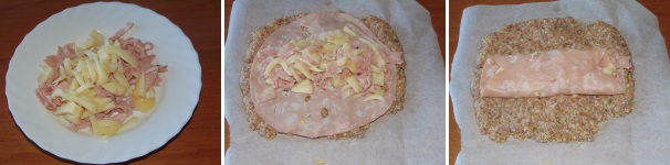 Unite alla mortadella tritata la caciotta in pezzi ed adagiate questo composto sulla fetta di mortadella messa sull’impasto steso, dopodiché richiudete la fetta di mortadella su se stessa.
 