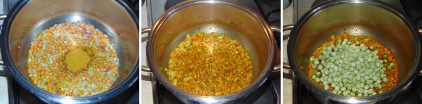 Appena carota e cipolla saranno rosolate e morbide unite al soffritto il curry e fatelo tostare in modo che rilasci al meglio il suo aroma, in seguito unite i piselli.