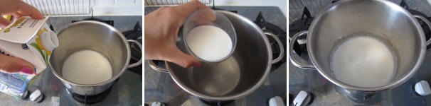 Versate la panna da cucina in una pentola antiaderente ed aggiungete un po’ di latte intero, quindi portate ad ebollizione. Quando la panna si gonfierà, abbassate il fuoco.
 
